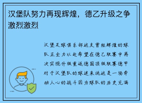 汉堡队努力再现辉煌，德乙升级之争激烈激烈